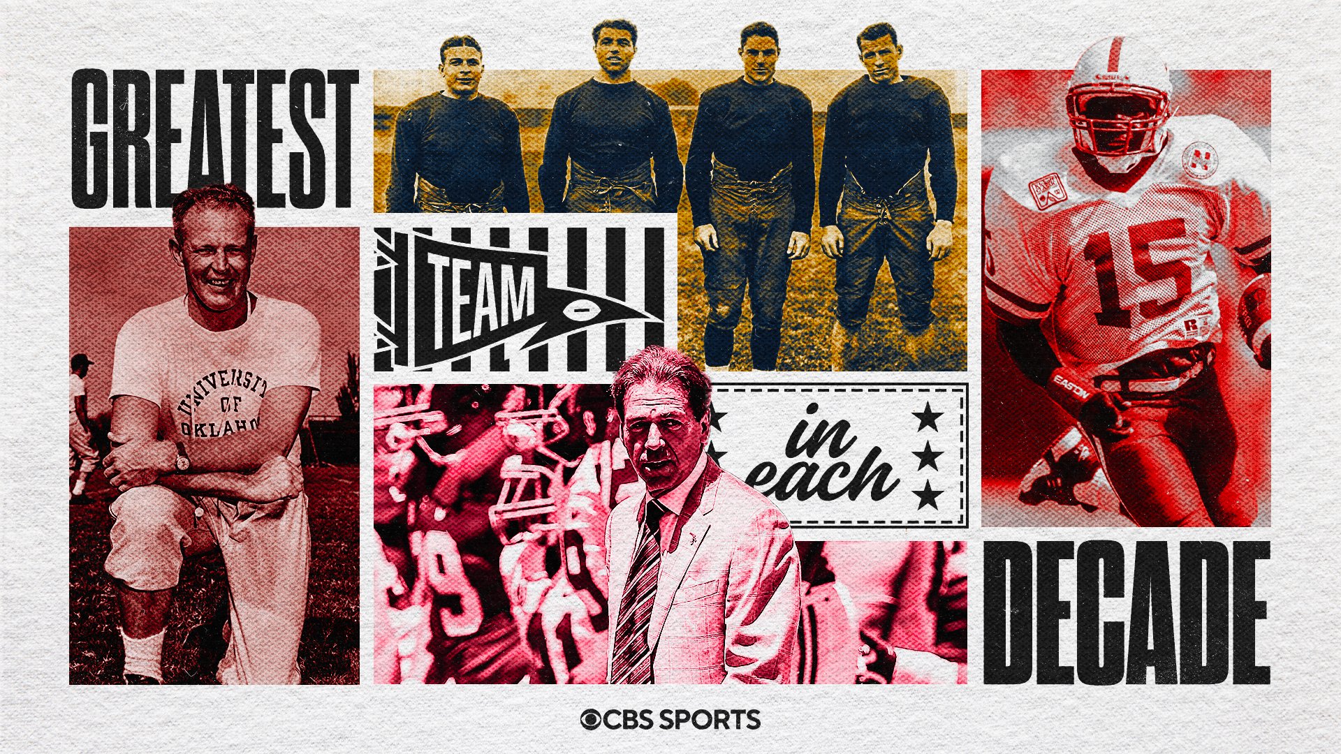 A graphic illustration titled "Greatest Team in Each Decade" featuring layered photos of football players and coaches in red-toned filters, with a CBS Sports logo at the bottom.