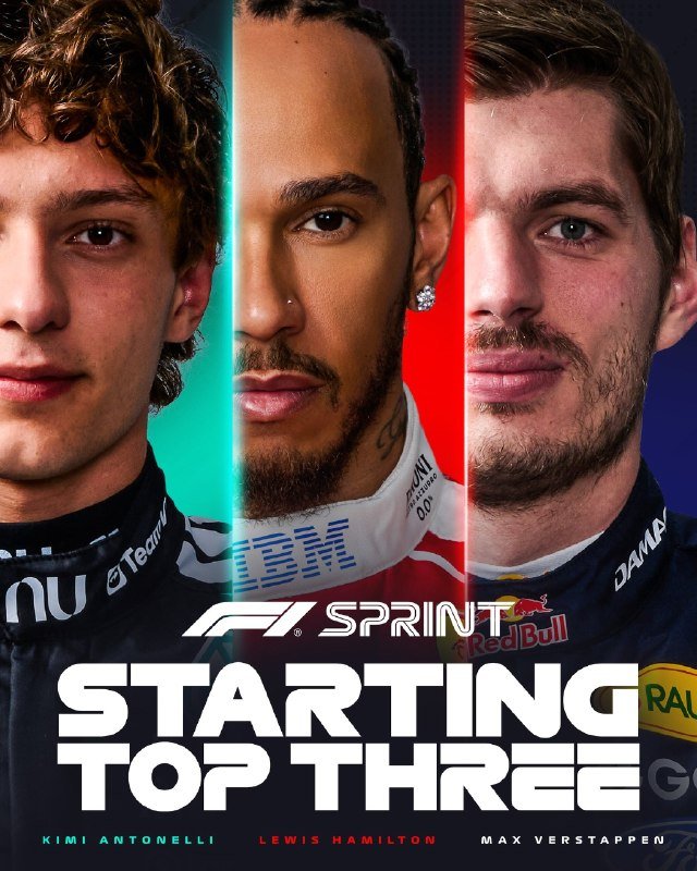 F1 promotional graphic showing three drivers' faces in a tri-panel layout under the text "STARTING TOP THREE," labeled Antonelli, Hamilton, and Verstappen.