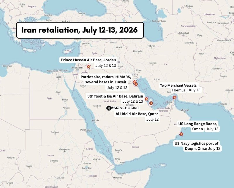 A map titled "Iran retaliation, July 12-13, 2026" marks multiple strike locations across the Middle East with labeled icons, including sites in Jordan, Kuwait, Bahrain, Qatar, Oman, and the Strait of Hormuz.
