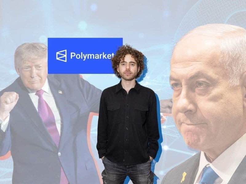 A curly-haired man in a black shirt stands in front of a Polymarket logo, with faded images of two men in suits visible in the background.