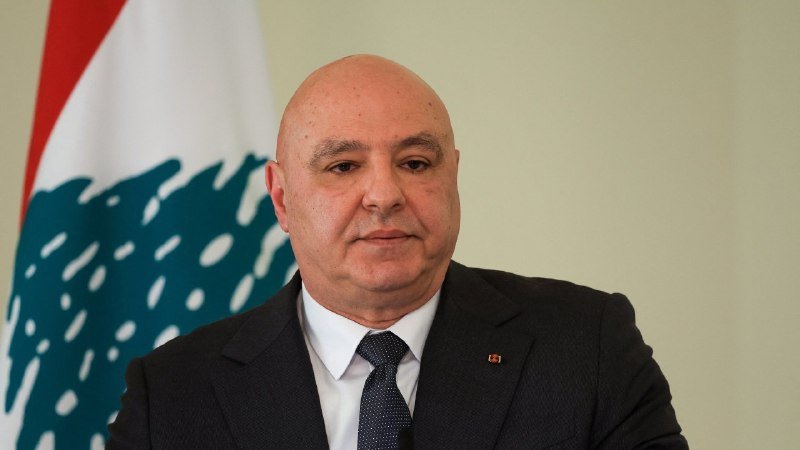 A bald man in a dark suit and dotted tie stands beside a Lebanese flag.
