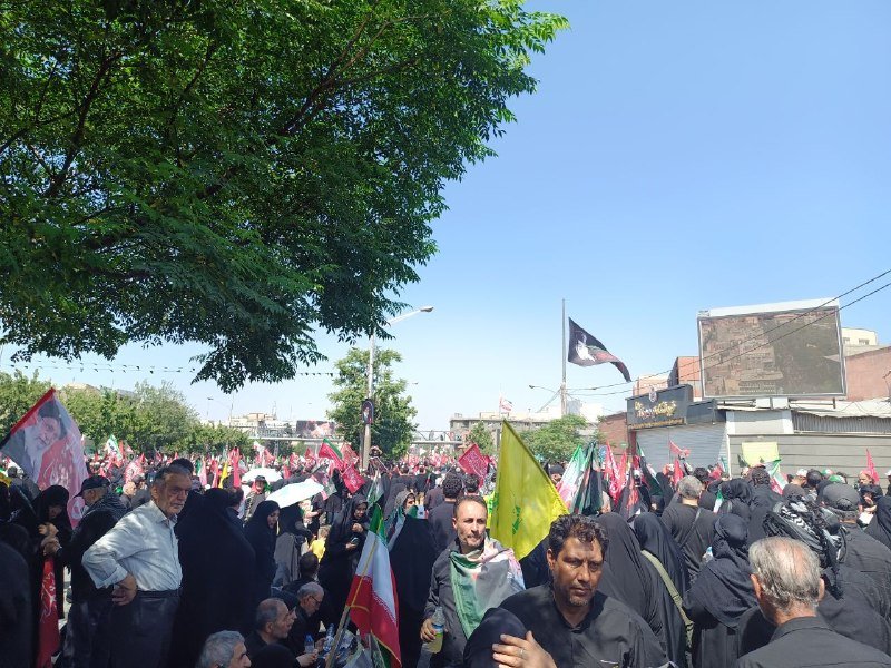 A large crowd gathers outdoors under a leafy tree, with many women in black chadors waving Iranian and political flags during a daytime demonstration.