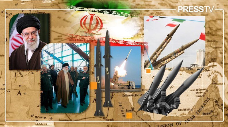 A PressTV graphic collage features a bearded cleric in a black turban, missile launchers, rockets, and a Middle East map with Iranian flag imagery.