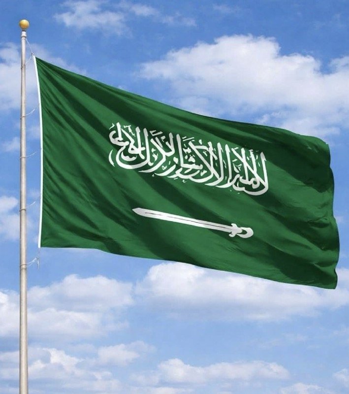 A green flag bearing white Arabic script and a sword emblem waves from a flagpole against a partly cloudy blue sky.
