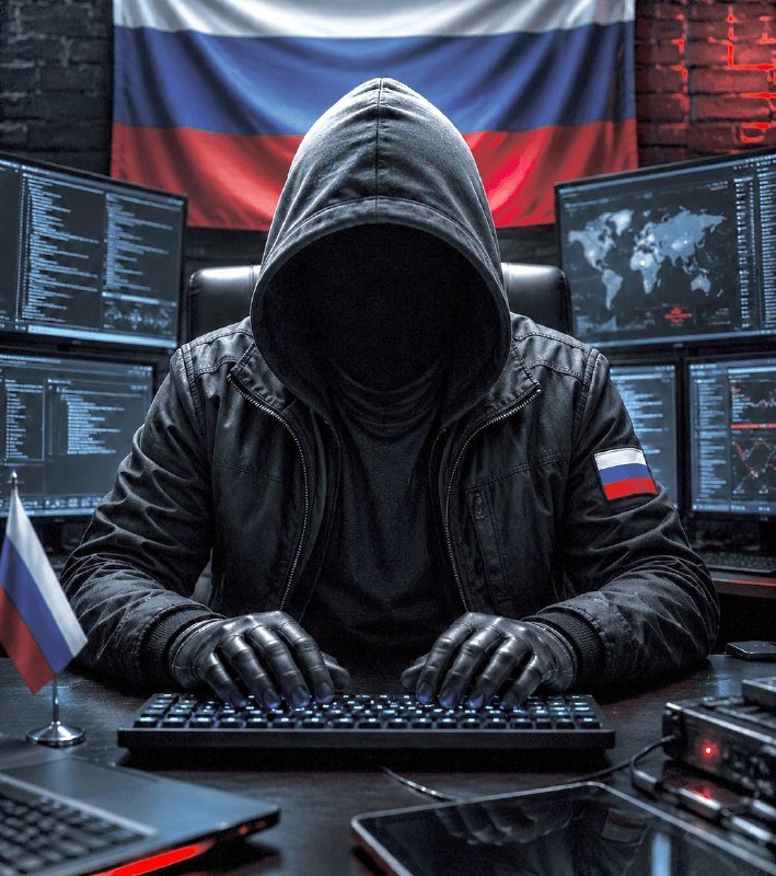 A hooded figure in a black jacket types on a keyboard, surrounded by multiple monitors displaying code and a world map, with a Russian flag in the background.