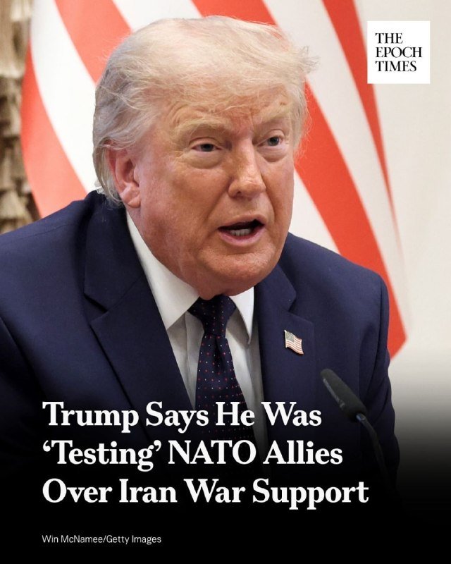 A blonde-haired man in a dark suit speaks near a microphone with red and white stripes behind him, captioned by The Epoch Times as Trump discussing NATO allies and Iran.