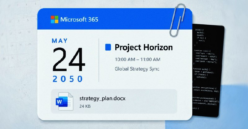 A Microsoft 365 calendar graphic displays a May 24, 2050 "Project Horizon" meeting scheduled from 10:00–11:00 AM, with an attached strategy_plan.docx file.