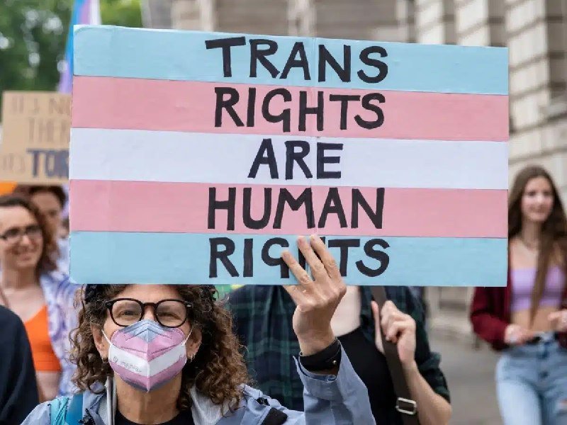 A masked demonstrator holds a "TRANS RIGHTS ARE HUMAN RIGHTS" sign painted in transgender flag colors at an outdoor gathering.