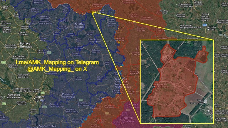 A satellite map shows a region in eastern Ukraine with blue and red territorial overlays, featuring a magnified inset of a red-highlighted area, labeled "t.me/AMK_Mapping on Telegram @AMK_Mapping_on X."