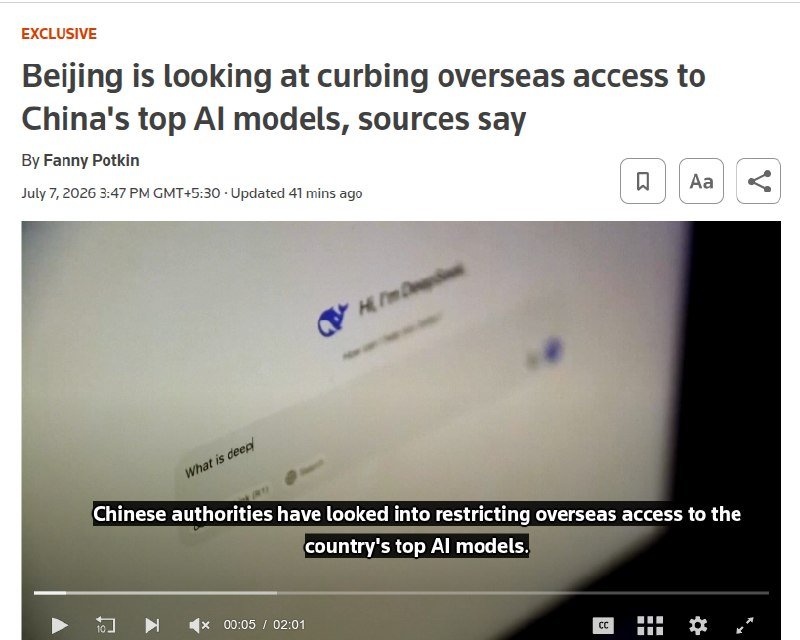 A news article screenshot shows the headline "Beijing is looking at curbing overseas access to China's top AI models," with an embedded video displaying a computer screen featuring the Hi, I'm DeepSeek chat interface.
