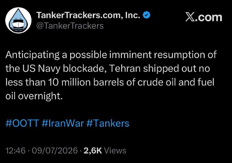 A screenshot of an X.com post by TankerTrackers.com, Inc. stating that Tehran shipped 10 million barrels of crude oil overnight in anticipation of a US Navy blockade resumption.