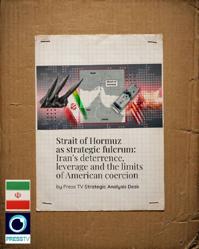 A graphic illustration titled "Strait of Hormuz as strategic fulcrum" appears pinned to a cardboard background, showing missiles, flags, and a map of Iran.