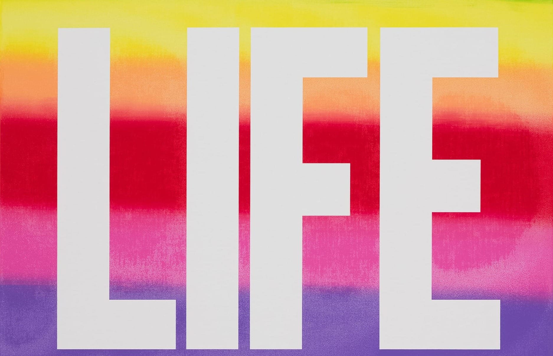 Graphic illustration featuring the word "LIFE" in large white block letters against a horizontal gradient background of yellow, orange, red, pink, and purple.