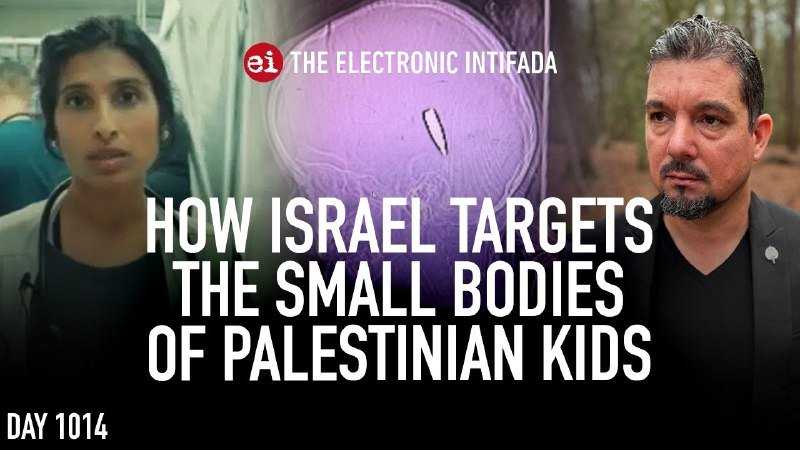 A graphic from The Electronic Intifada displays a young girl, a microscopic cell image, and a man, with text reading "DAY 1014" and a headline about Palestinian children.