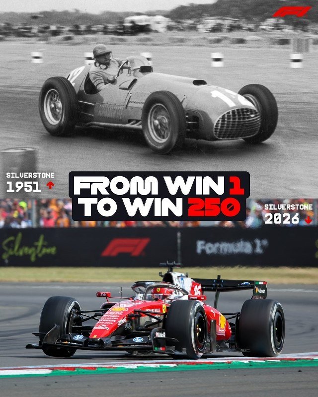 A split graphic contrasts a black-and-white 1951 photo of a driver in a vintage open-cockpit race car with a 2026 color image of a modern red Formula 1 car, both at Silverstone.