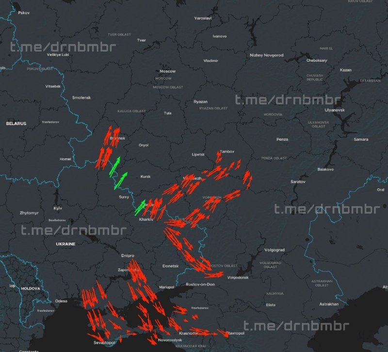A dark map of Eastern Europe displays numerous red and green arrows pointing in various directions across Ukraine and southwestern Russia, accompanied by the watermark "t.me/drnbmbr."