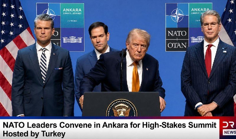 Four men in suits stand at a podium before NATO/OTAN summit backdrops, with the central figure at the lectern bearing the presidential seal.