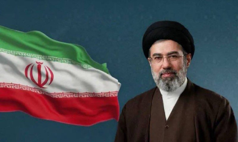 A bearded man in a black turban and dark robe stands beside the waving Iranian flag against a dark gray background.