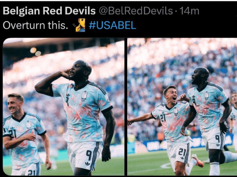 A social media post from "Belgian Red Devils" reads "Overturn this." alongside two photos of soccer players in light blue and pink patterned jerseys celebrating on a field.
