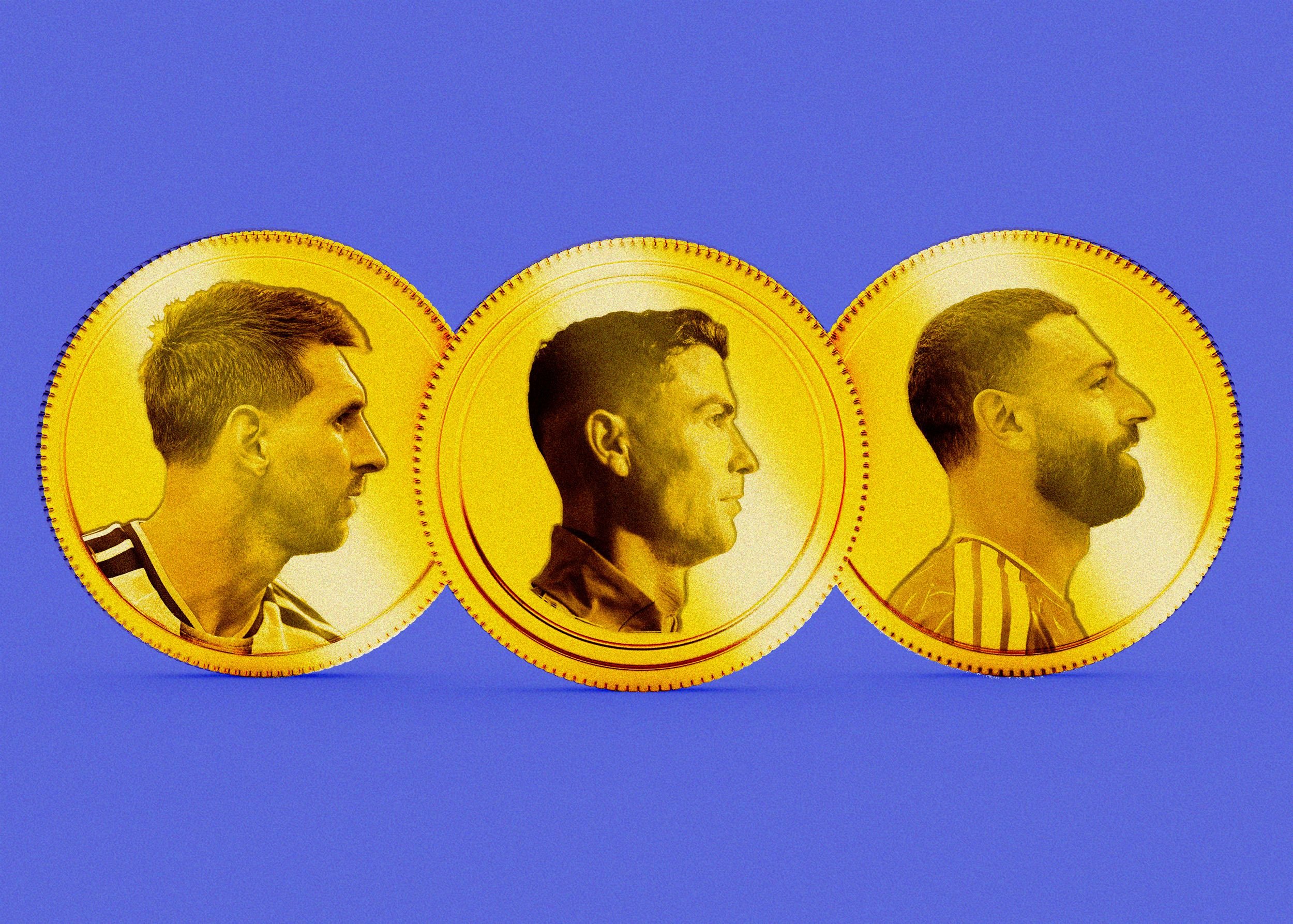 Three yellow-gold coins stand upright in a row against a blue background, each bearing a side-profile portrait of a man with short hair.