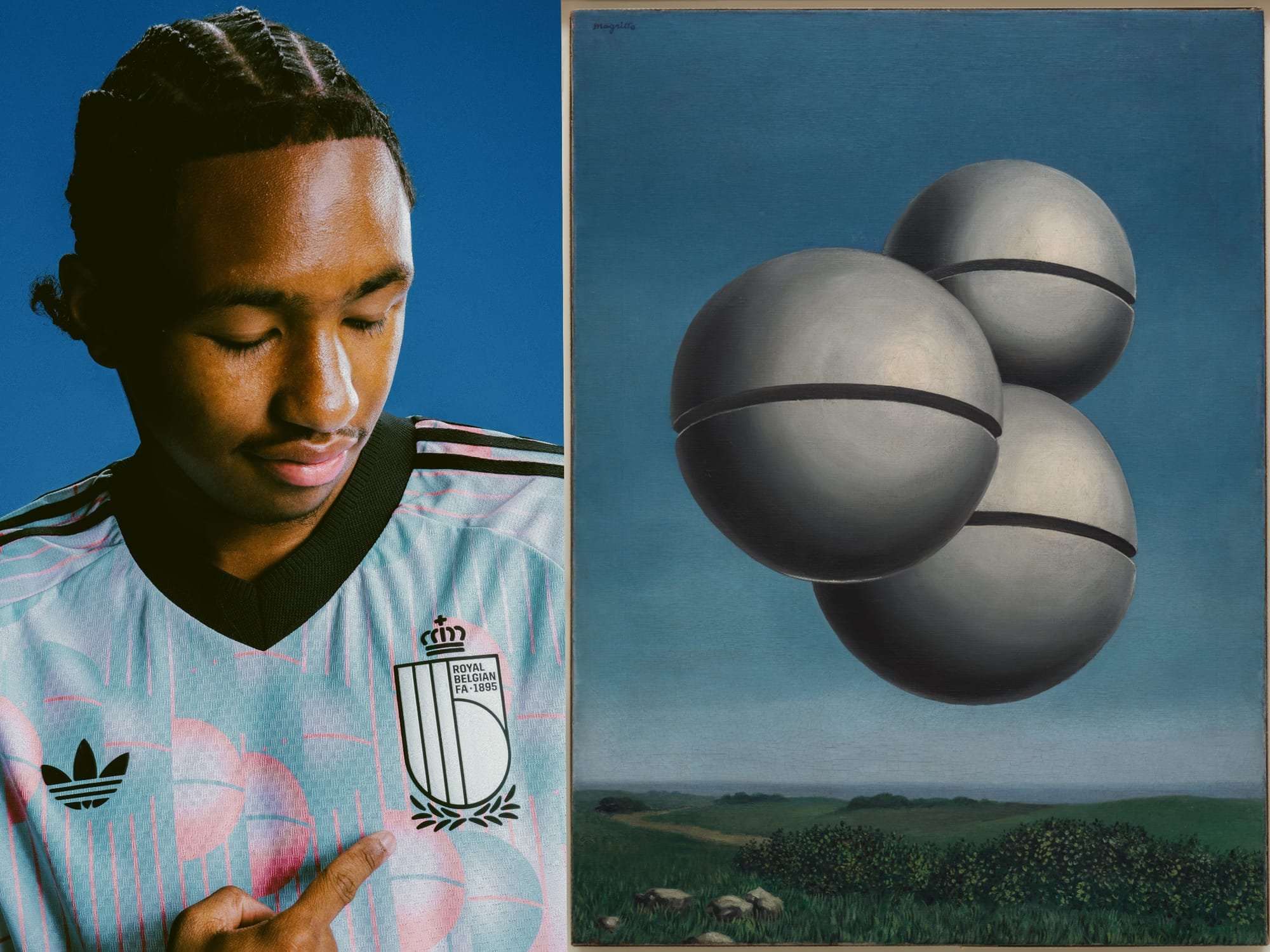 A person in a pink and blue patterned jersey stands beside a surrealist painting depicting floating gray spheres above a green landscape.