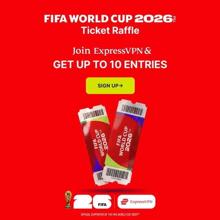 Promotional graphic on red background advertises a FIFA World Cup 2026 ticket raffle with ExpressVPN, featuring two illustrated tickets and a sign-up button.