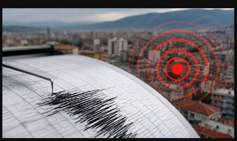 A seismograph with an active needle records jagged readings on grid paper, with a red concentric alert graphic overlaid above a blurred cityscape and distant mountains.