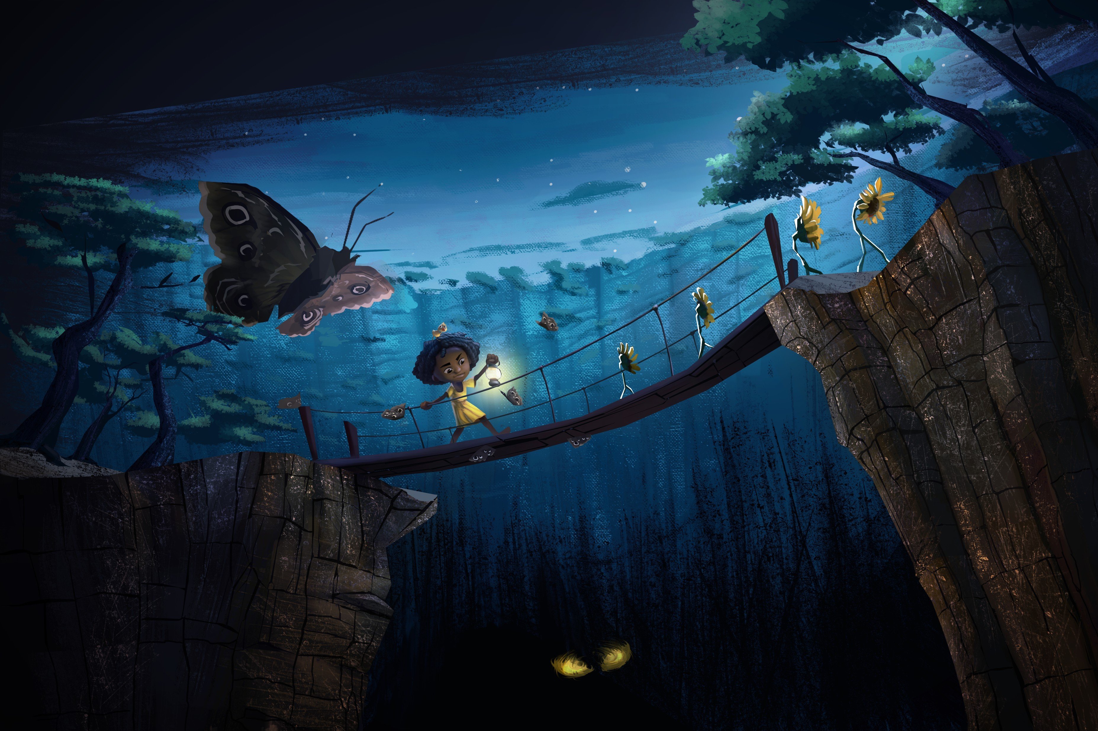 Illustration: a child holding a lantern crosses a swaying rope bridge between two cliffs at night, surrounded by butterflies and glowing sunflower-like flowers.