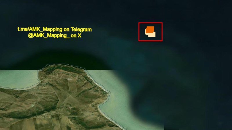 A satellite map view shows a coastline with green fields meeting dark water, overlaid with yellow text reading "t.me/AMK_Mapping on Telegram" and "@AMK_Mapping_ on X."