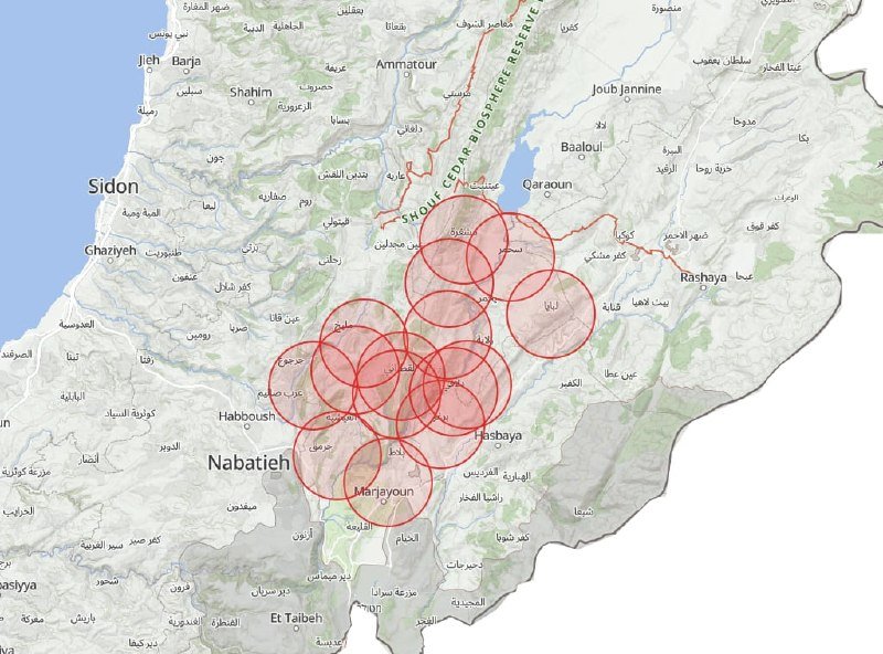 A topographic map of southern Lebanon shows multiple overlapping red circles concentrated between Nabatiyeh, Marjayoun, and Hasbaya.