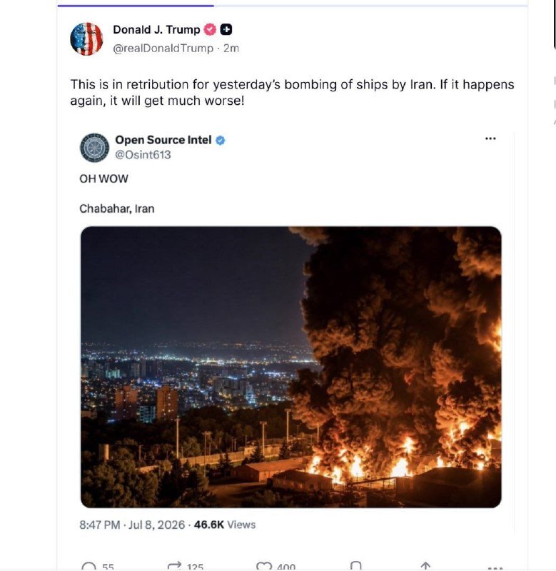 A social media screenshot showing a tweet about "retribution for yesterday's bombing of ships by Iran" above a nighttime photo of flames and large smoke plumes over a city.