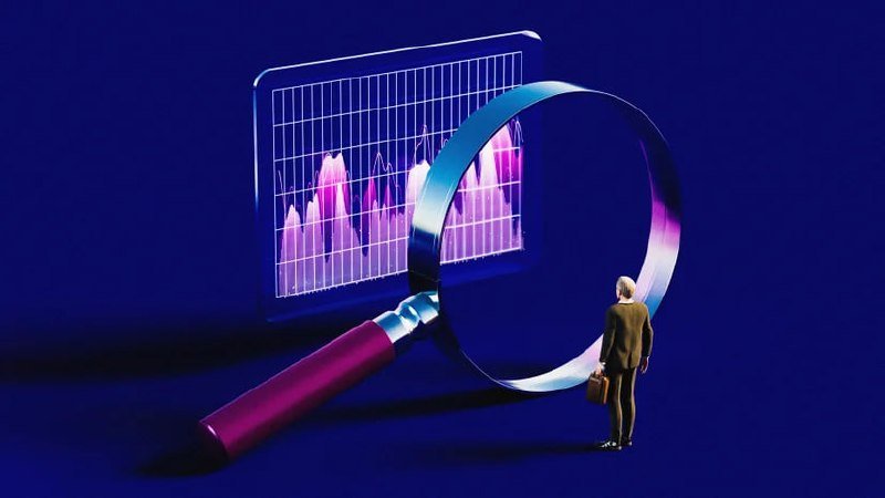 A small figure in a suit holding a briefcase stands beside an oversized magnifying glass examining a translucent bar graph against a dark blue background in this digital illustration.