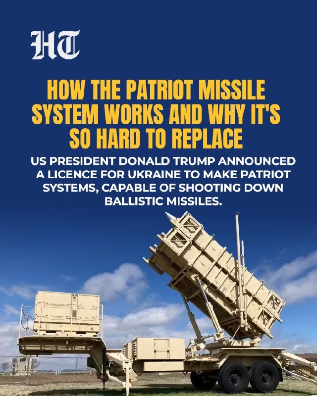 A graphic with the "HT" logo features a tan Patriot missile launcher system against a blue sky, overlaid with text about licensing Patriot systems for Ukraine.