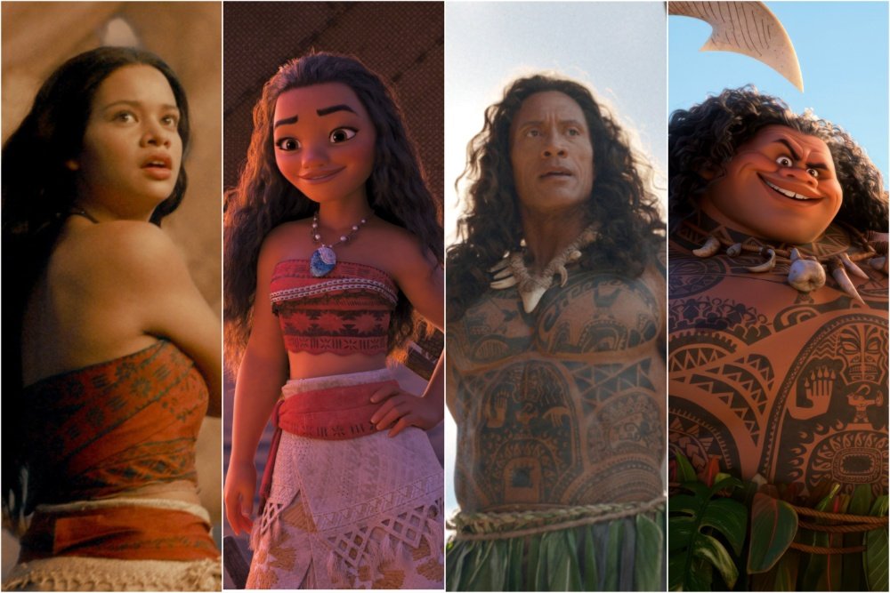 Four side-by-side images pair live-action actors portraying a young woman, a young woman, and a large tattooed man with their animated counterparts from the film Moana.