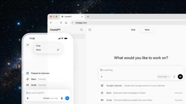 A digital illustration showing a smartphone and desktop browser displaying the ChatGPT interface with "Work" mode options like Google Calendar, Slack, and Gmail, set against a starry night sky background.