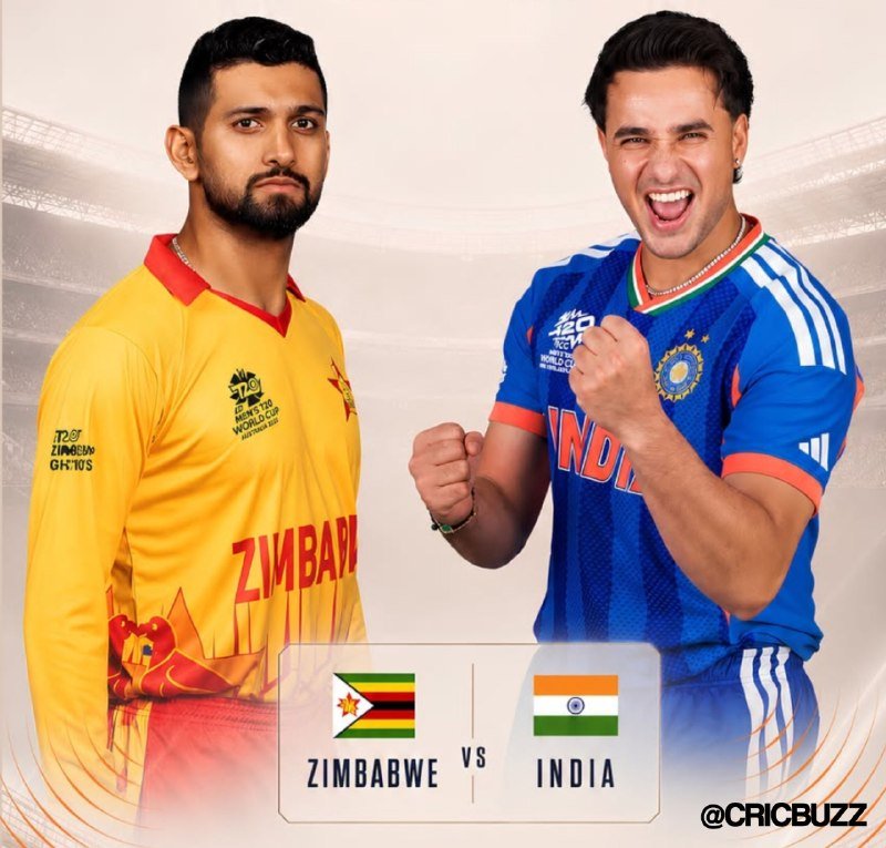 Two cricket players pose in promotional graphic, one in a yellow Zimbabwe jersey and the other celebrating in a blue India jersey, with flags and match-up text below.