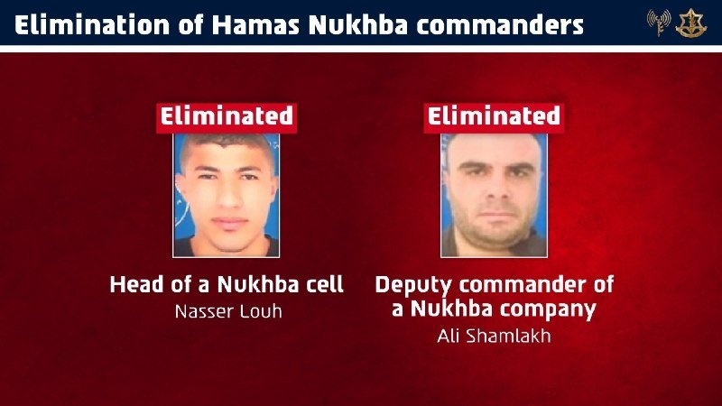 A graphic with a red background displays the headline "Elimination of Hamas Nukhba commanders," featuring two portrait photos labeled "Eliminated" — Nasser Louh (Head of a Nukhba cell) and Ali Shamlakh (Deputy commander of a Nukhba company).