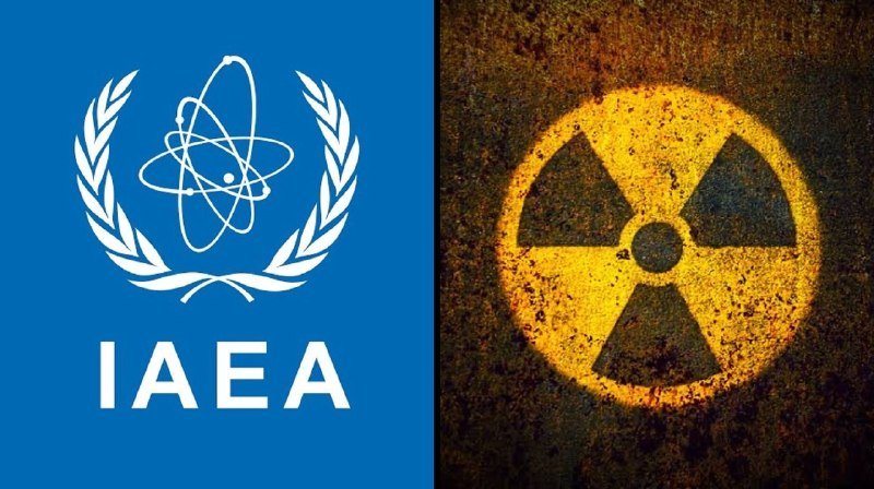 Split image: left shows the white IAEA logo with atom symbol and olive branches on a blue background; right displays a yellow radiation warning symbol painted on rough, textured ground.