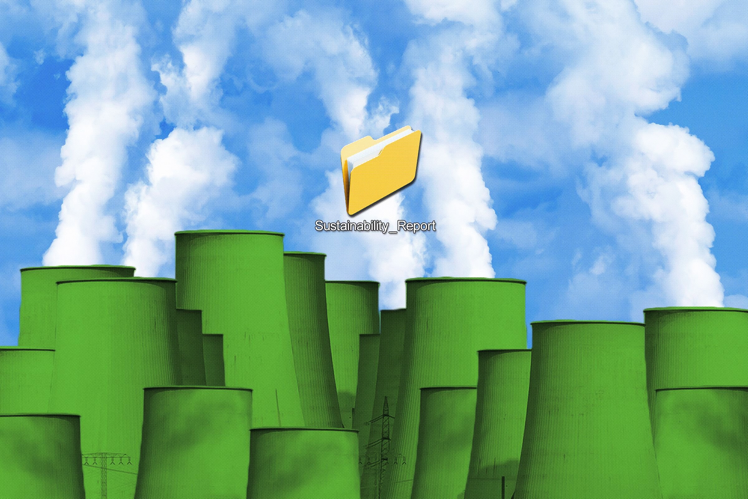 Digital illustration showing multiple green industrial cooling towers releasing white steam against a blue cloudy sky, with a yellow folder icon labeled "Sustainability_Report" hovering in the center.