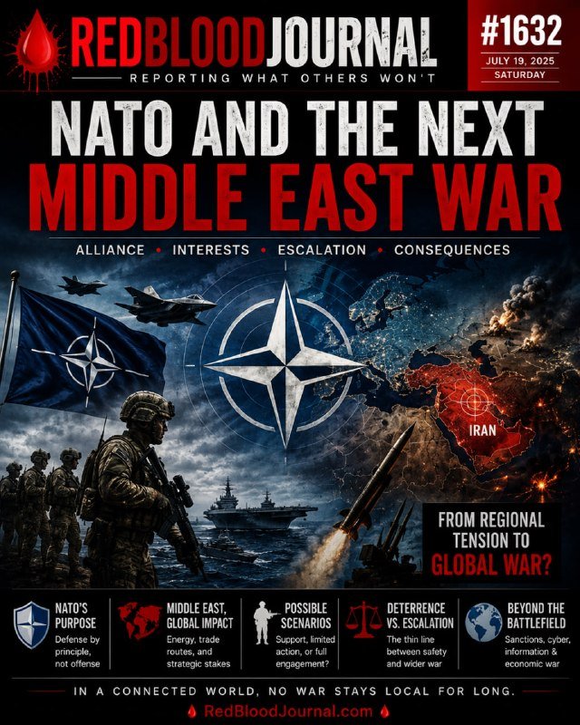 A "Red Blood Journal" graphic cover dated July 19, 2025, headlined "NATO and the Next Middle East War," depicts the NATO logo, flag, soldiers, fighter jets, a missile, and a map highlighting Iran.