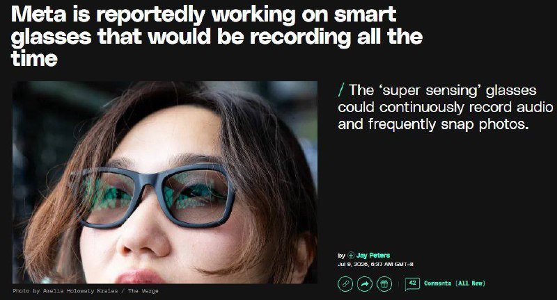 A news article screenshot displays a headline about Meta's smart glasses above a close-up photograph of a woman wearing thick black-framed eyeglasses.