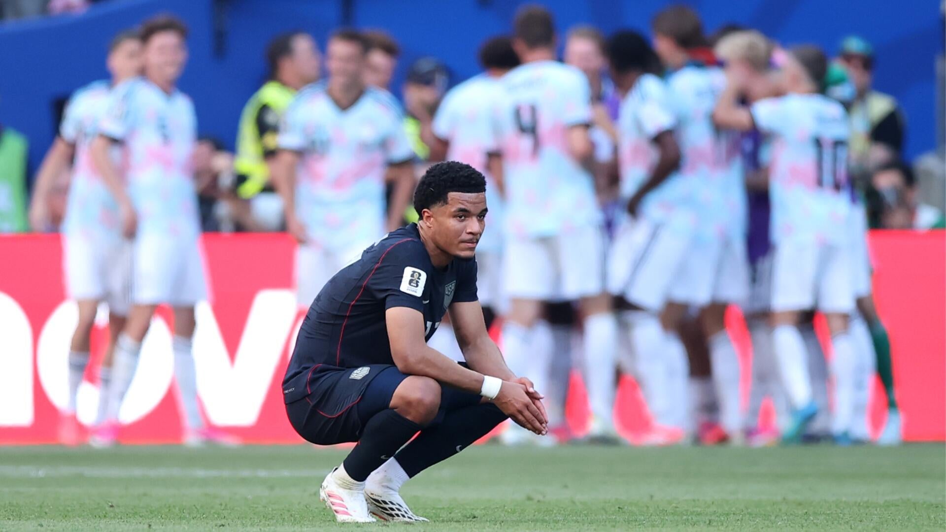 Malik Tillman walks off after the United States' 4-1 round-of-16 defeat to Belgium at the 2026 World Cup.