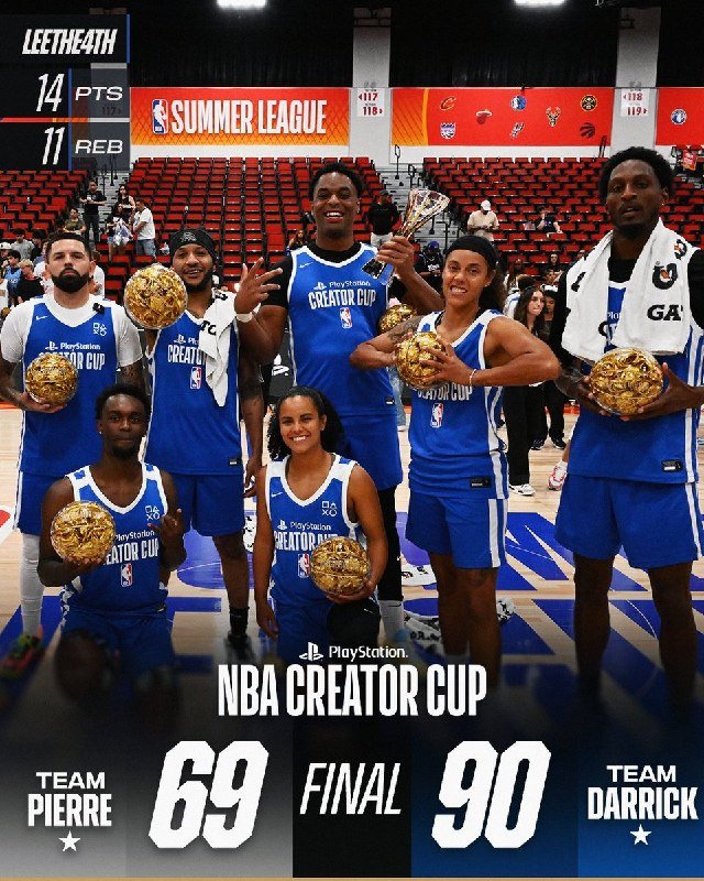 Team Darrick players in blue PlayStation Creator Cup jerseys hold gold basketball trophies after defeating Team Pierre 90-69 in the NBA Creator Cup at Summer League.