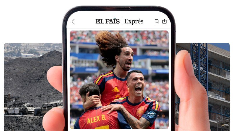 A smartphone displays the "EL PAÍS | Exprés" app showing soccer players in red and yellow jerseys celebrating, with other image previews visible in the background.
