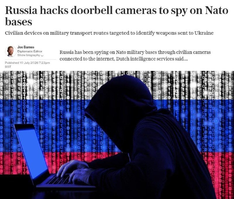 Illustration showing a hooded figure typing on a laptop against a digital background of binary code overlaid with the Russian flag colors.