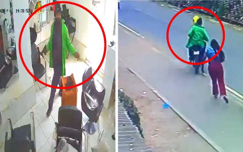 Two CCTV stills show a person in a green jacket and yellow helmet, circled in red, standing inside a salon then riding on a motorcycle's back seat.