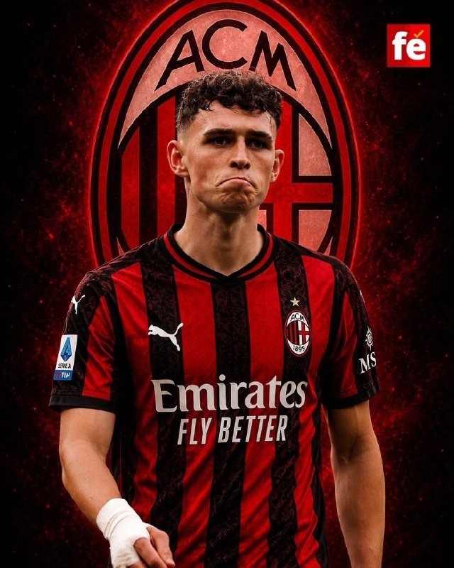 A young male soccer player poses in a red-and-black striped AC Milan jersey with "Emirates Fly Better" and Puma logos, set against a large AC Milan crest backdrop.