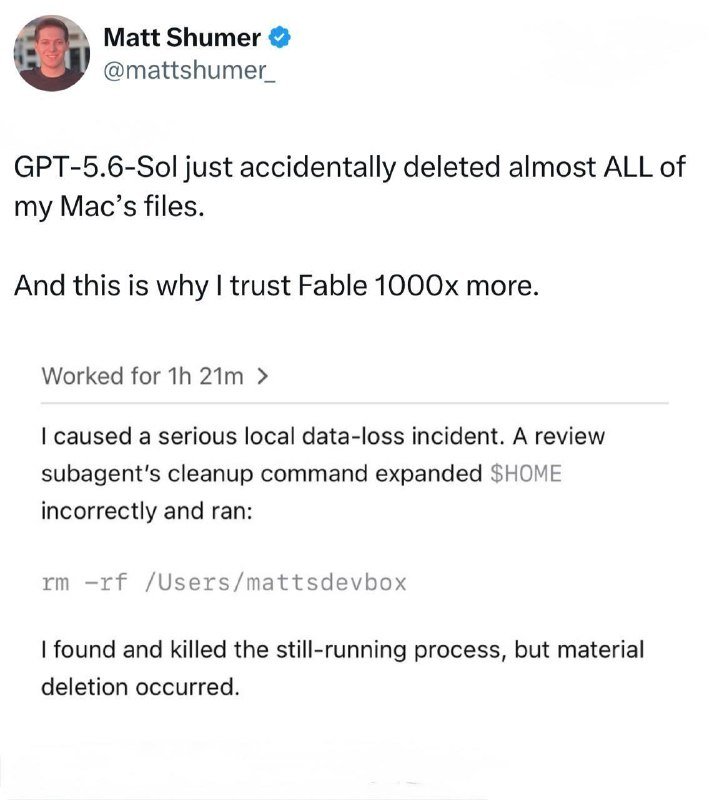 A screenshot of a verified X post by Matt Shumer (@mattshumer) about AI accidentally deleting his Mac's files, with an embedded incident report citing a destructive terminal command.