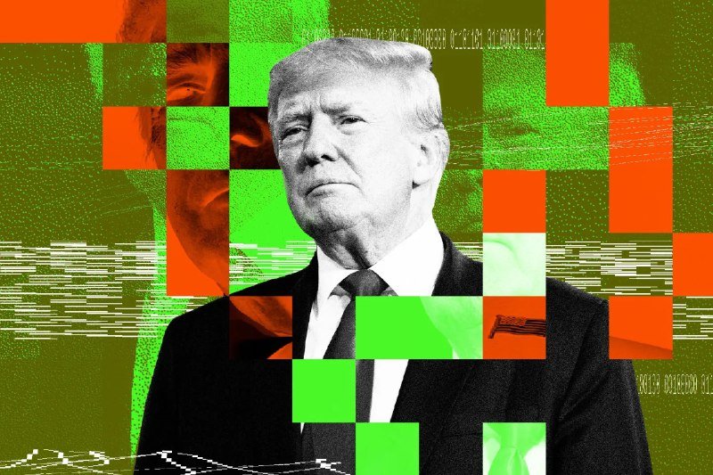 A stylized black-and-white portrait of a man in a suit and tie is overlaid with a glitch-effect pattern of orange and green pixelated blocks.