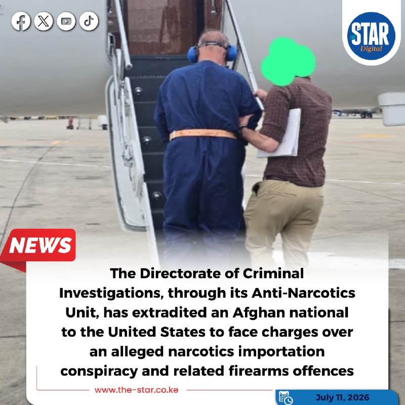 A wanted Afghan national is escorted by Directorate of Criminal Investigations officers after his extradition in Nairobi on 11 July 2026.